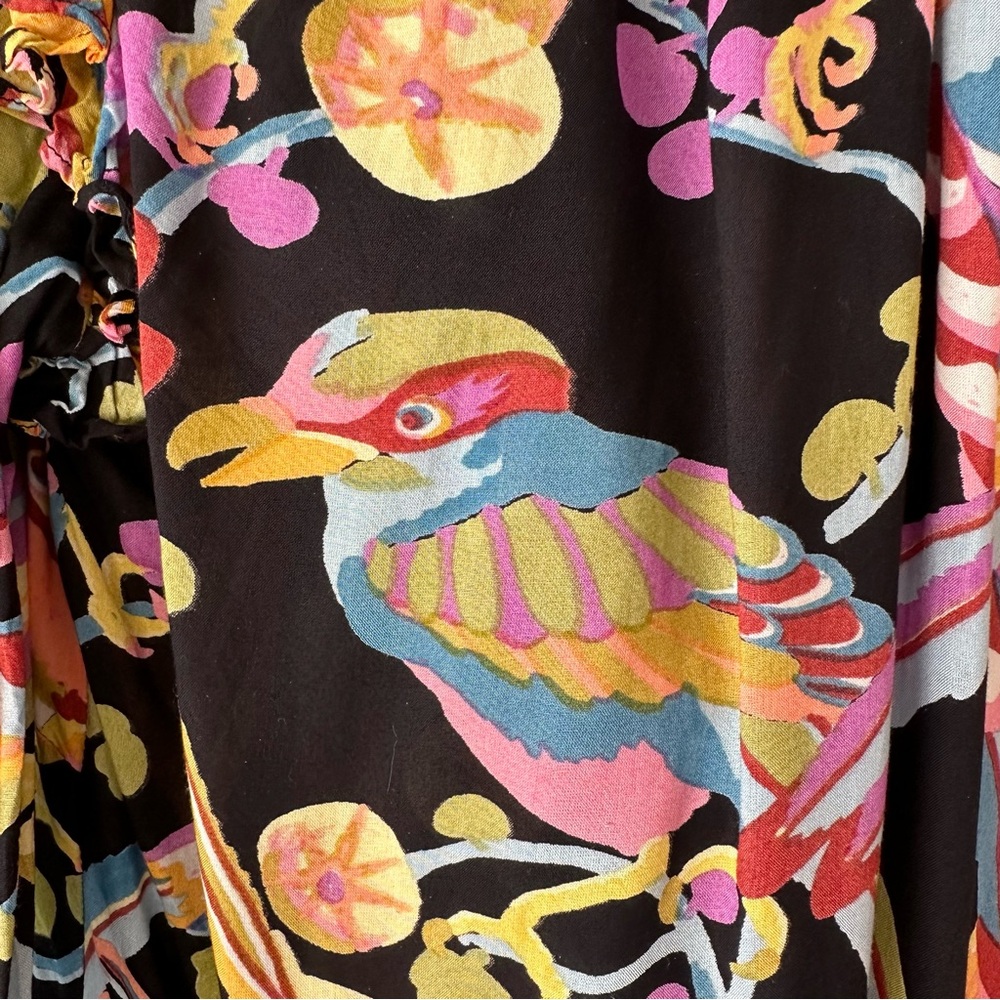BANJANAN Elise Tropical Floral Bird Multicolor Viscose Blouse Size M - Picture 7 of 9